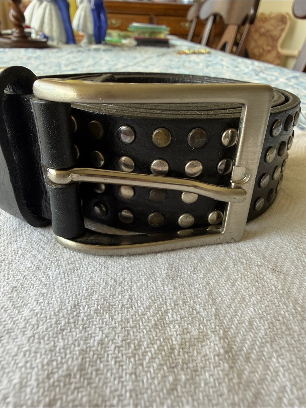 Men's Black Leather Studded Belt with Silver Buckle